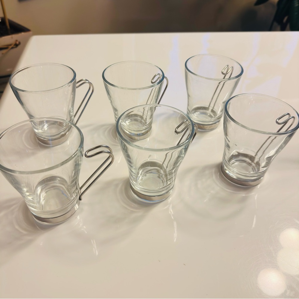 Vintage Vitrosax Italy Glass Cappuccino Cup 7.5Oz Silver Handle MCM Set of 6